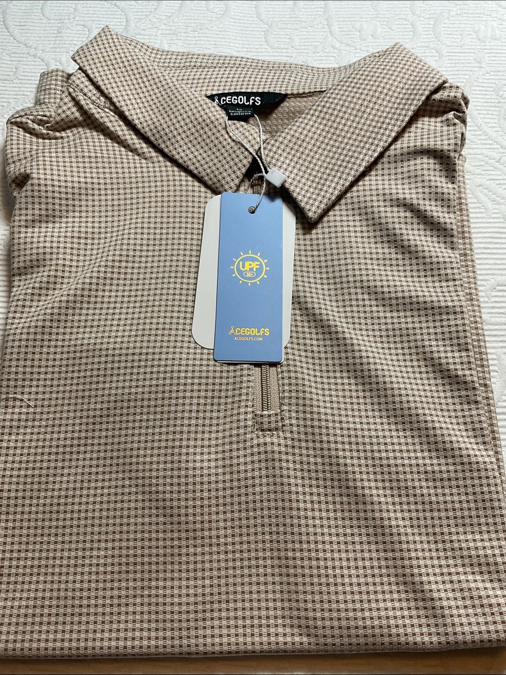 ACEGOLF Beige Checked Golf Polo. UPF. NWT. Medium